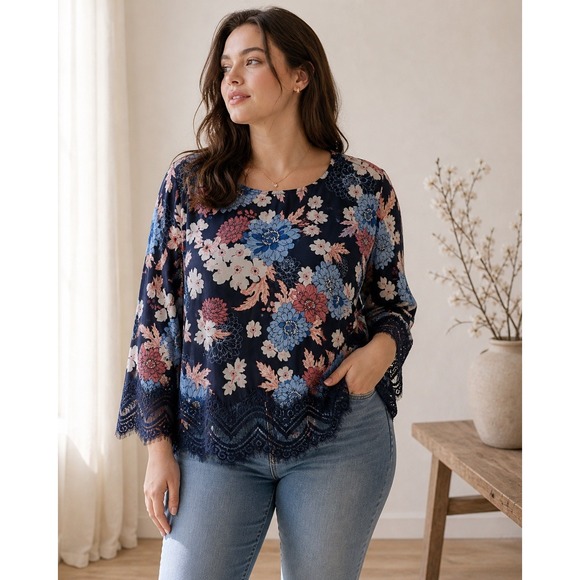 Chico's Tops - Chicos Navy Blue Floral Lace Hem Blouse Long Bell Sleeve Womens Size 4 XXL